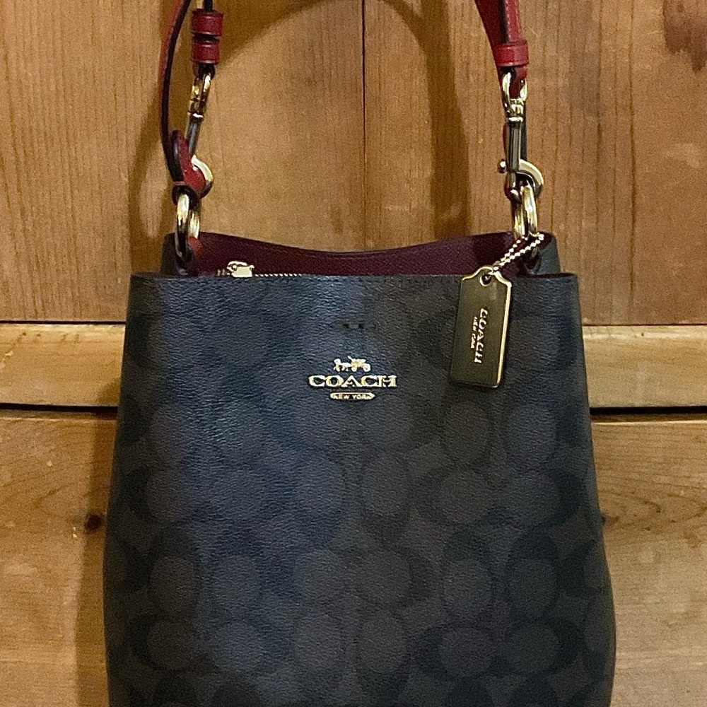 NEWER COACH Red/Brown Signature Coated Canvas and Leather Small Town Bucket Bag!